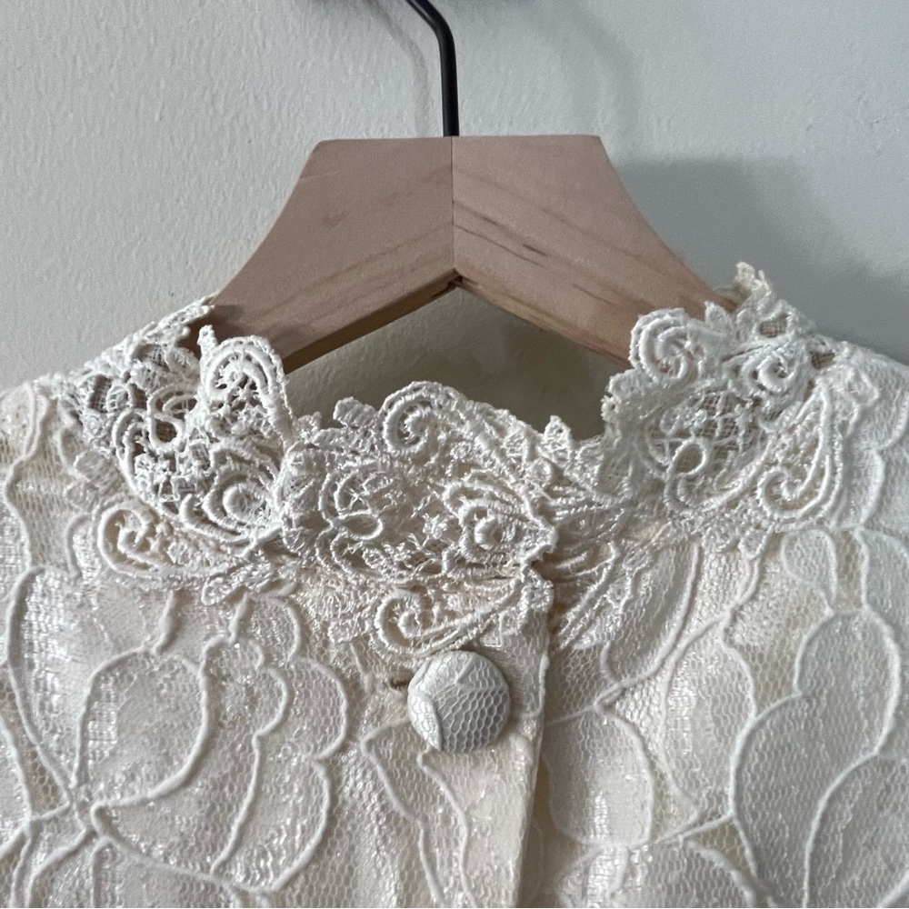 Vintage 80s Victorian Lace Blouse Ivory High Neck Romantic Top Modern Heirloom - Picture 4 of 11
